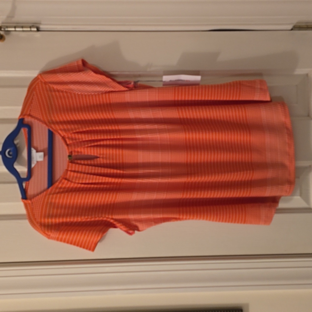 LIZ CLAIBORNE WOMENS PLUS PETITE ORANGE & WHITE DOTS SHORT SLEEVE TOP SIZE PXL